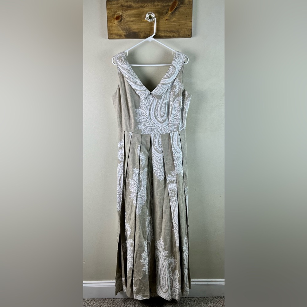 NWT ($698 retail) STUNNING Brooks Brothers Linen dress size 12 - tan and white - Picture 3 of 12